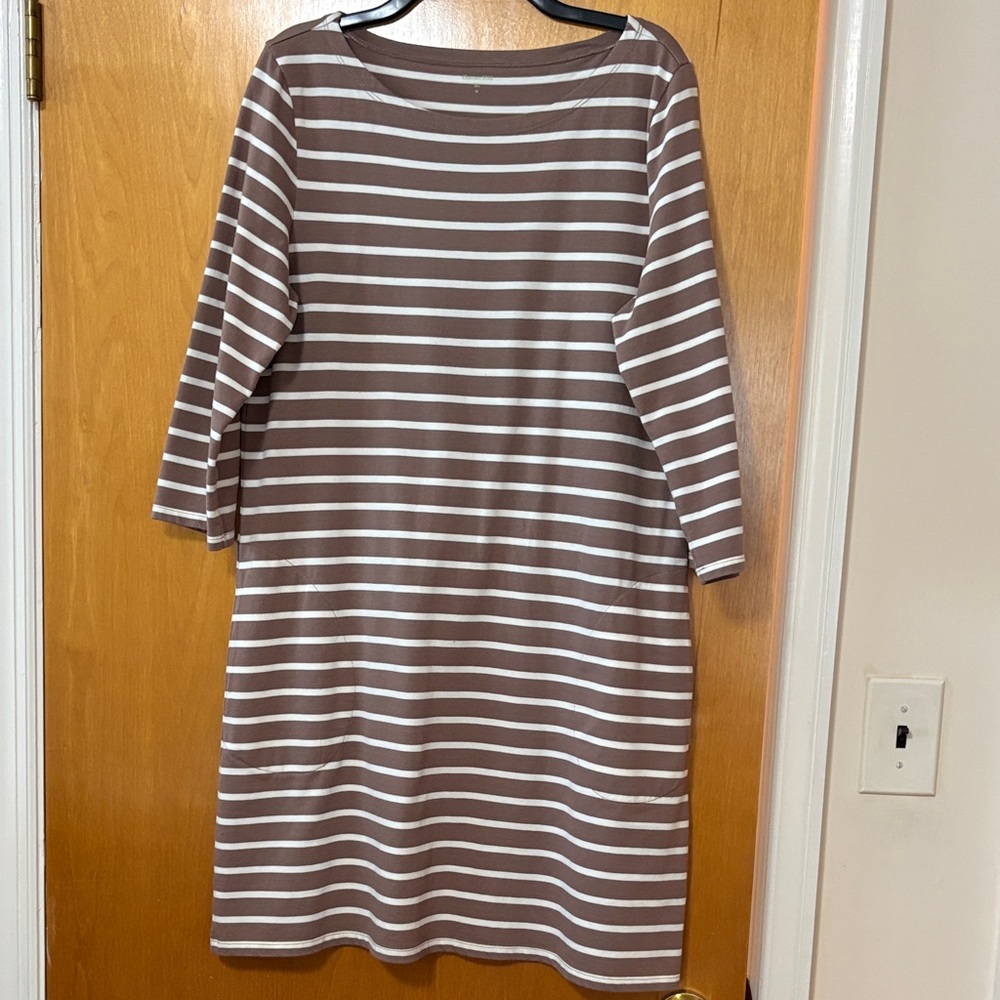 Garnet Hill Taupe and White Striped Midi Dress